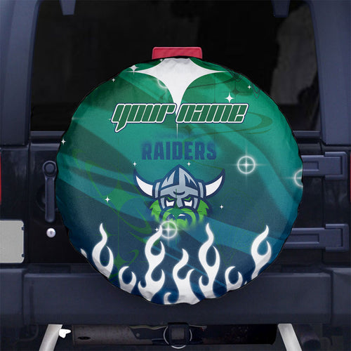 Personalized Canberra Raiders Spare Tire Cover Y2K Grunge Aesthetic With Cyber Flames and Starburst Graphics