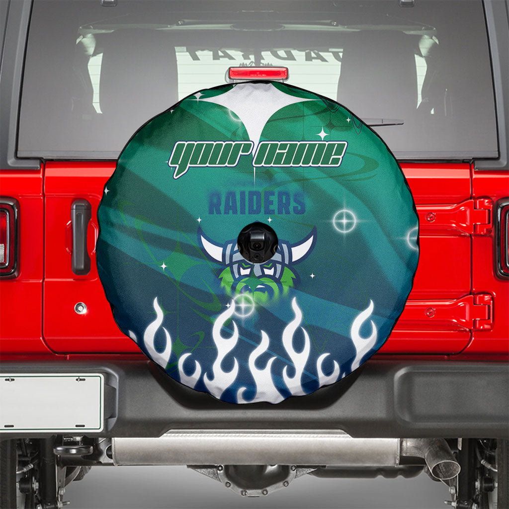 Personalized Canberra Raiders Spare Tire Cover Y2K Grunge Aesthetic With Cyber Flames and Starburst Graphics
