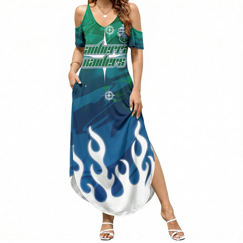 Personalized Canberra Raiders Summer Maxi Dress Y2K Grunge Aesthetic With Cyber Flames and Starburst Graphics