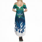 Personalized Canberra Raiders Summer Maxi Dress Y2K Grunge Aesthetic With Cyber Flames and Starburst Graphics
