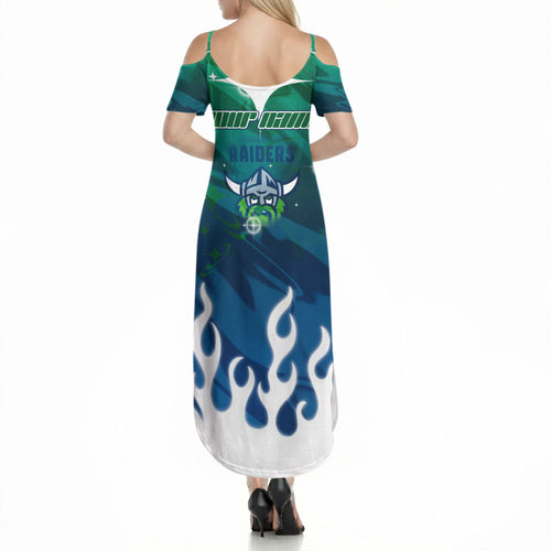 Personalized Canberra Raiders Summer Maxi Dress Y2K Grunge Aesthetic With Cyber Flames and Starburst Graphics