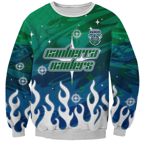 Personalized Canberra Raiders Sweatshirt Y2K Grunge Aesthetic With Cyber Flames and Starburst Graphics