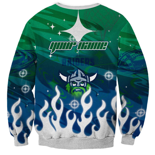 Personalized Canberra Raiders Sweatshirt Y2K Grunge Aesthetic With Cyber Flames and Starburst Graphics