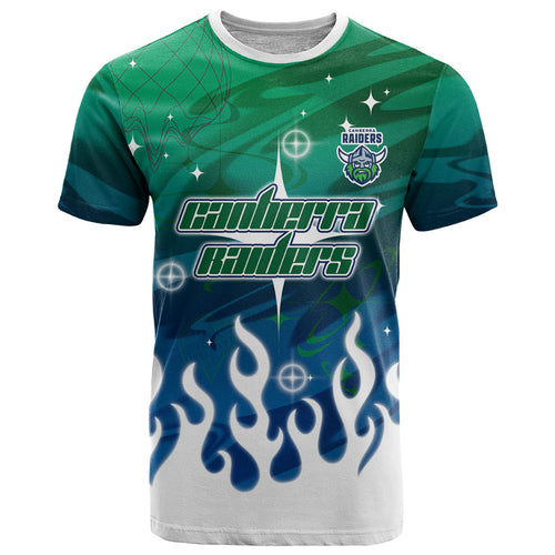 Personalized Canberra Raiders T Shirt Y2K Grunge Aesthetic With Cyber Flames and Starburst Graphics