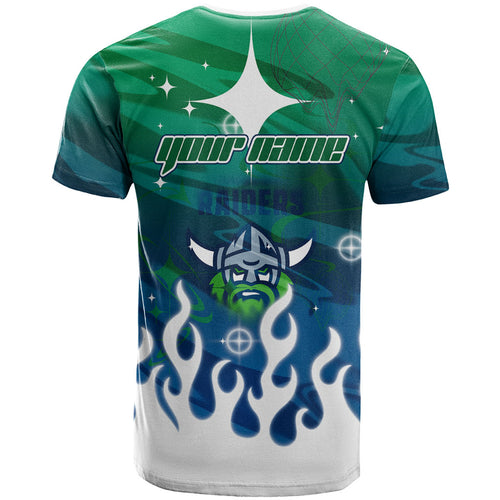 Personalized Canberra Raiders T Shirt Y2K Grunge Aesthetic With Cyber Flames and Starburst Graphics