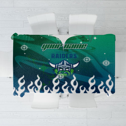 Personalized Canberra Raiders Tablecloth Y2K Grunge Aesthetic With Cyber Flames and Starburst Graphics