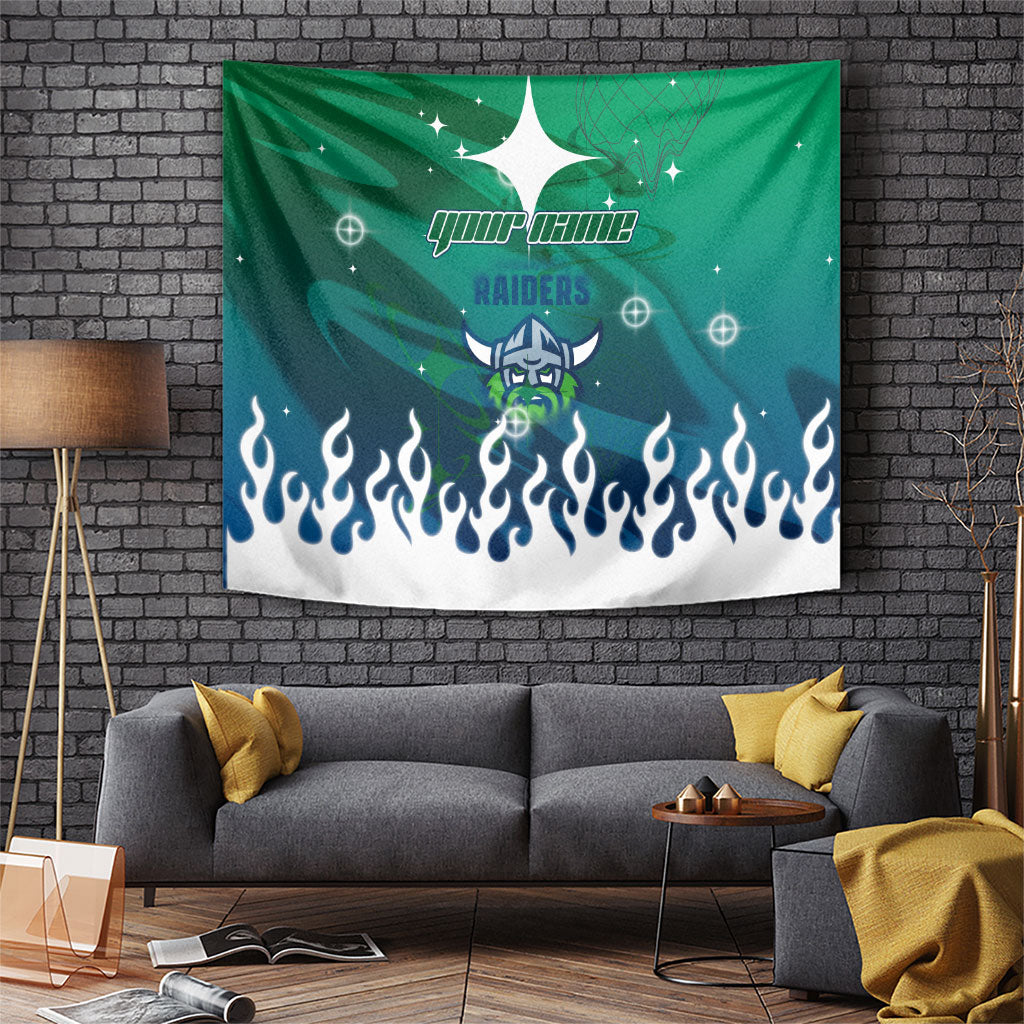 Personalized Canberra Raiders Tapestry Y2K Grunge Aesthetic With Cyber Flames and Starburst Graphics