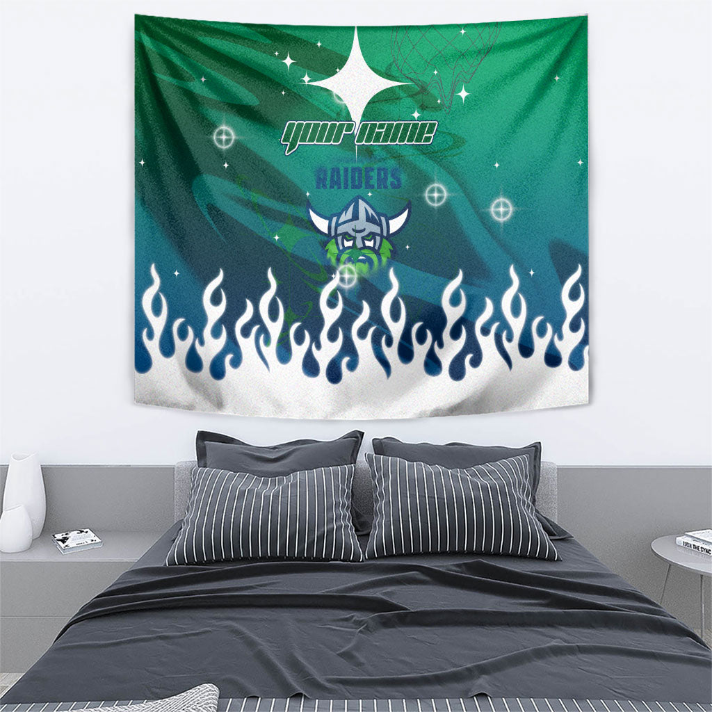 Personalized Canberra Raiders Tapestry Y2K Grunge Aesthetic With Cyber Flames and Starburst Graphics