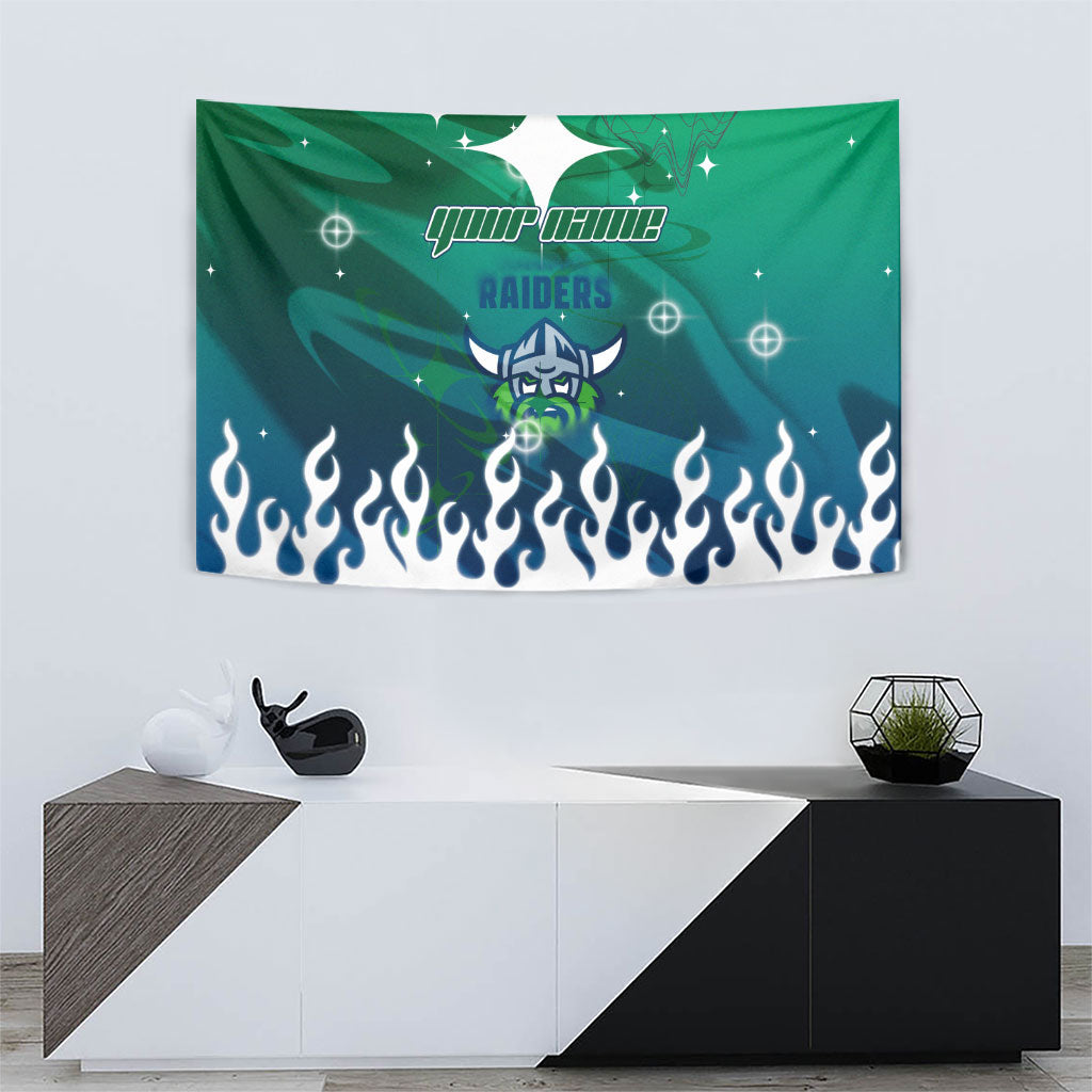 Personalized Canberra Raiders Tapestry Y2K Grunge Aesthetic With Cyber Flames and Starburst Graphics