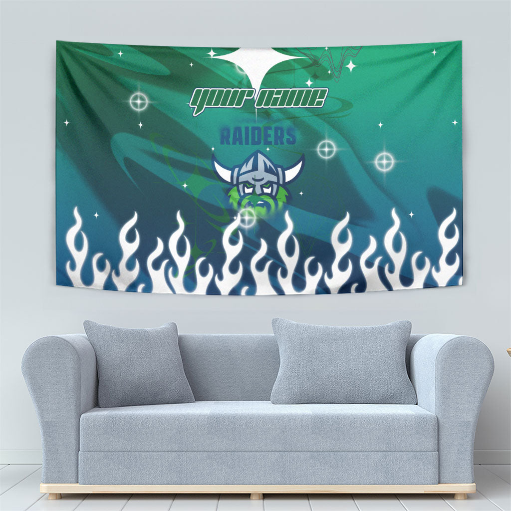 Personalized Canberra Raiders Tapestry Y2K Grunge Aesthetic With Cyber Flames and Starburst Graphics