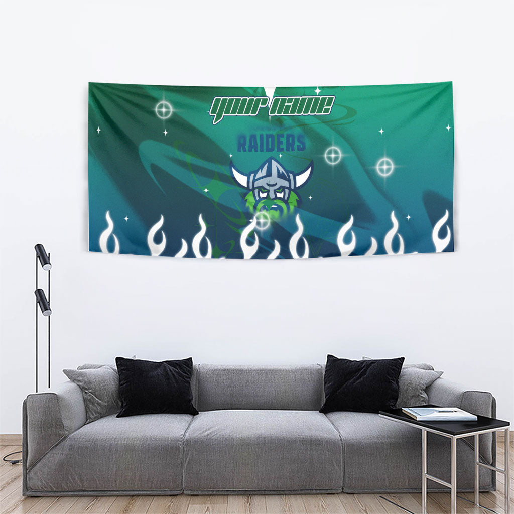 Personalized Canberra Raiders Tapestry Y2K Grunge Aesthetic With Cyber Flames and Starburst Graphics