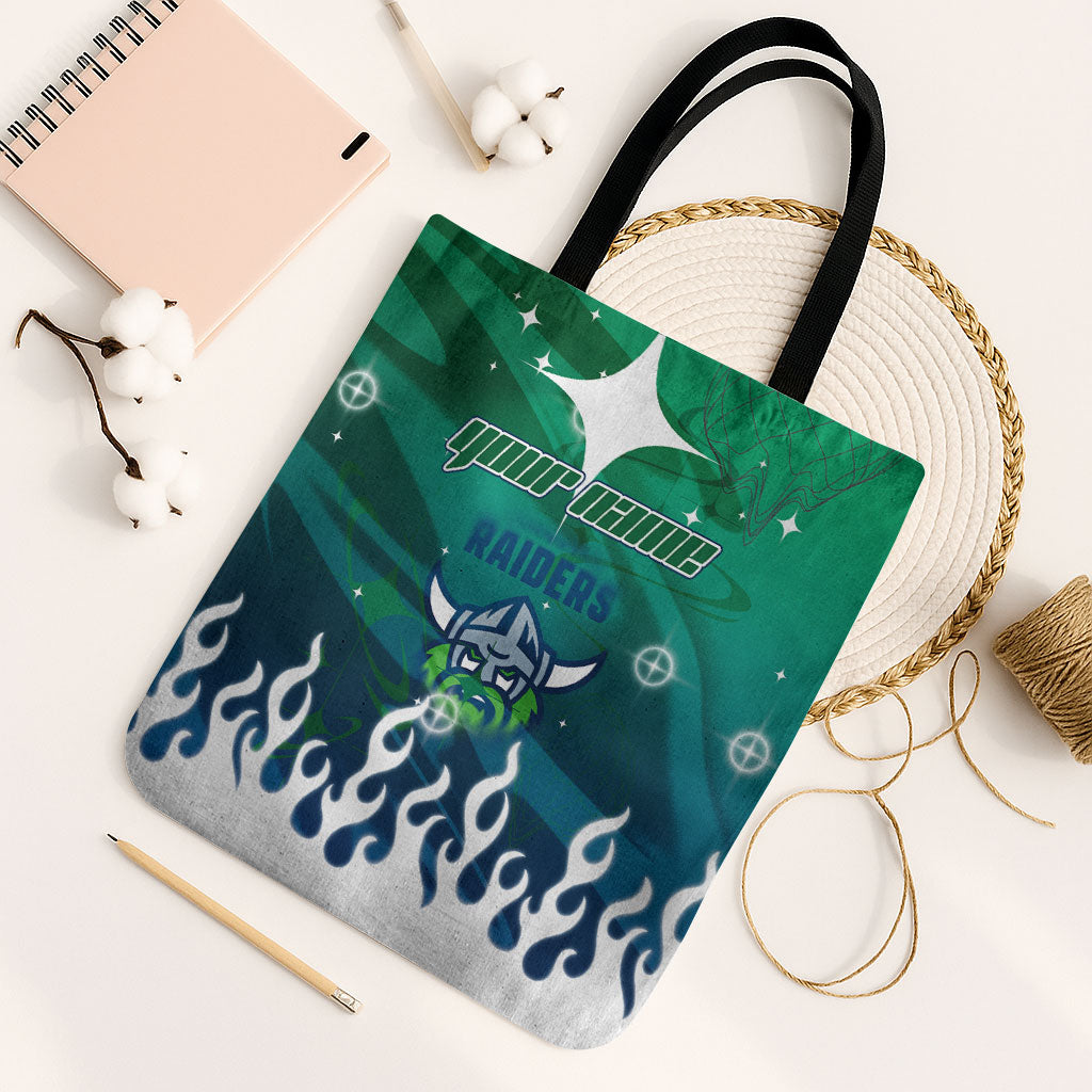 Personalized Canberra Raiders Tote Bag Y2K Grunge Aesthetic With Cyber Flames and Starburst Graphics