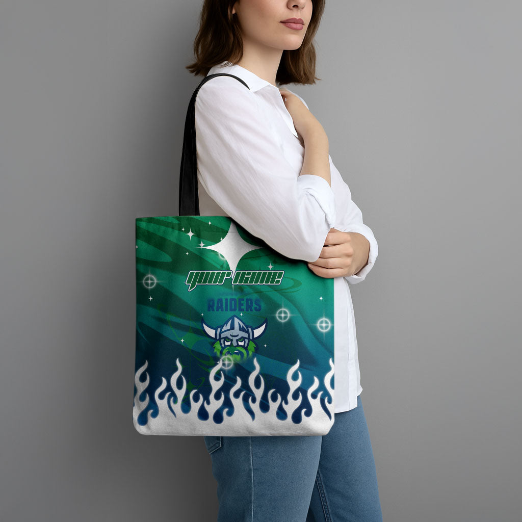 Personalized Canberra Raiders Tote Bag Y2K Grunge Aesthetic With Cyber Flames and Starburst Graphics