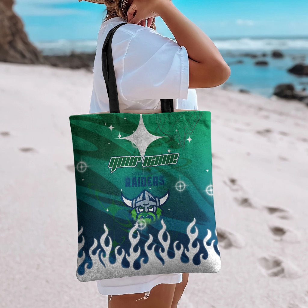 Personalized Canberra Raiders Tote Bag Y2K Grunge Aesthetic With Cyber Flames and Starburst Graphics