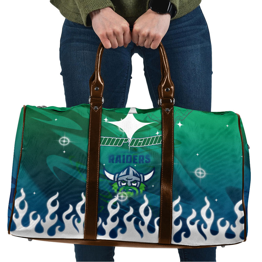 Personalized Canberra Raiders Travel Bag Y2K Grunge Aesthetic With Cyber Flames and Starburst Graphics