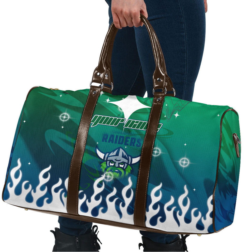 Personalized Canberra Raiders Travel Bag Y2K Grunge Aesthetic With Cyber Flames and Starburst Graphics