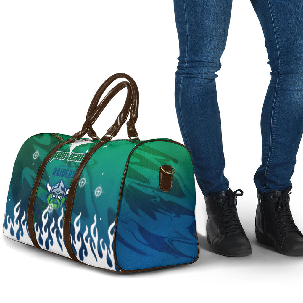 Personalized Canberra Raiders Travel Bag Y2K Grunge Aesthetic With Cyber Flames and Starburst Graphics