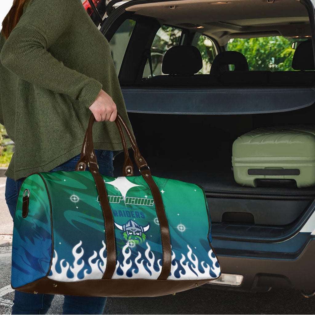 Personalized Canberra Raiders Travel Bag Y2K Grunge Aesthetic With Cyber Flames and Starburst Graphics