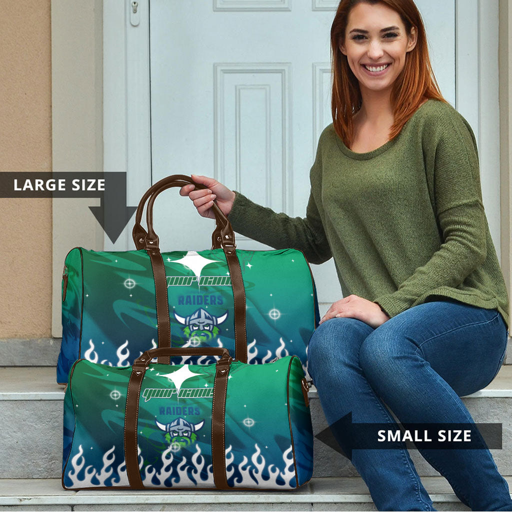 Personalized Canberra Raiders Travel Bag Y2K Grunge Aesthetic With Cyber Flames and Starburst Graphics