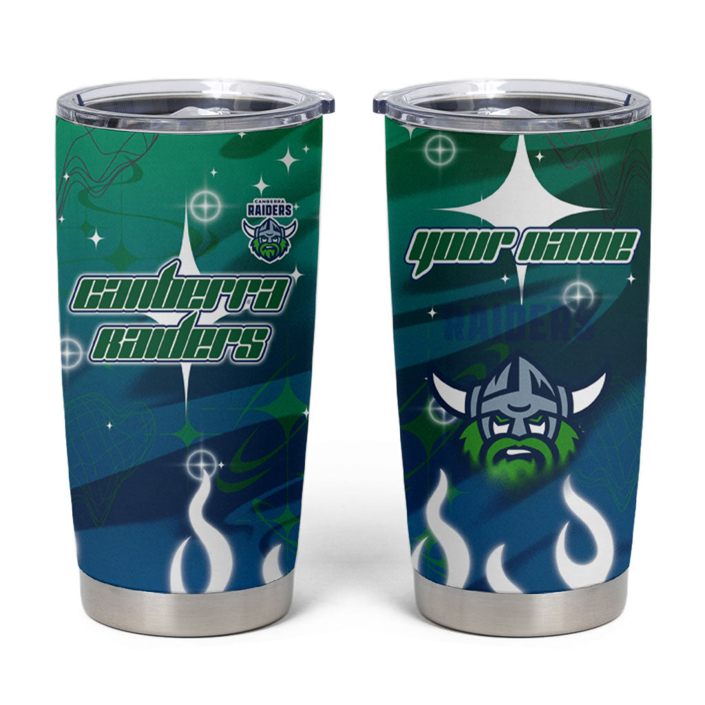 Personalized Canberra Raiders Tumbler Cup Y2K Grunge Aesthetic With Cyber Flames and Starburst Graphics
