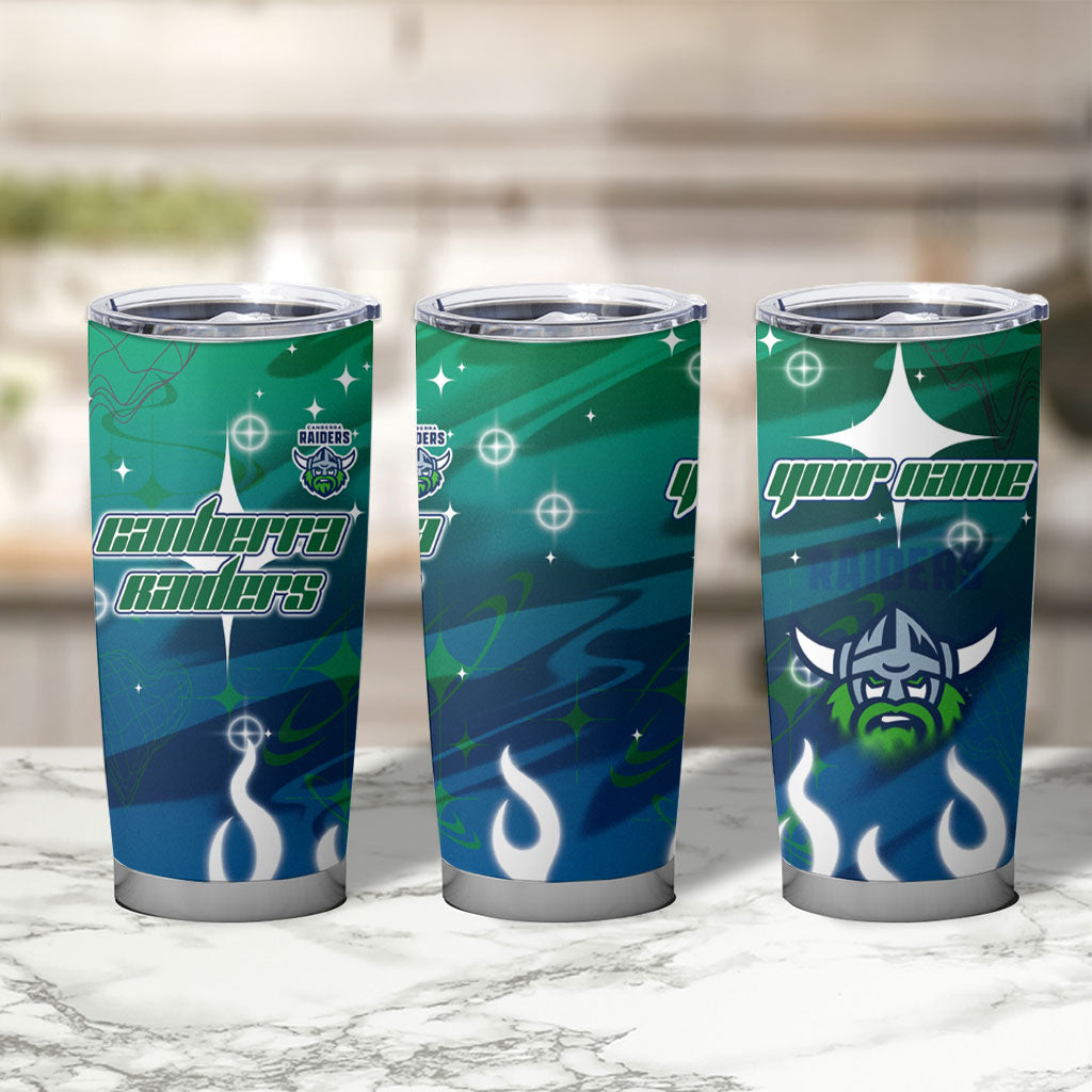 Personalized Canberra Raiders Tumbler Cup Y2K Grunge Aesthetic With Cyber Flames and Starburst Graphics