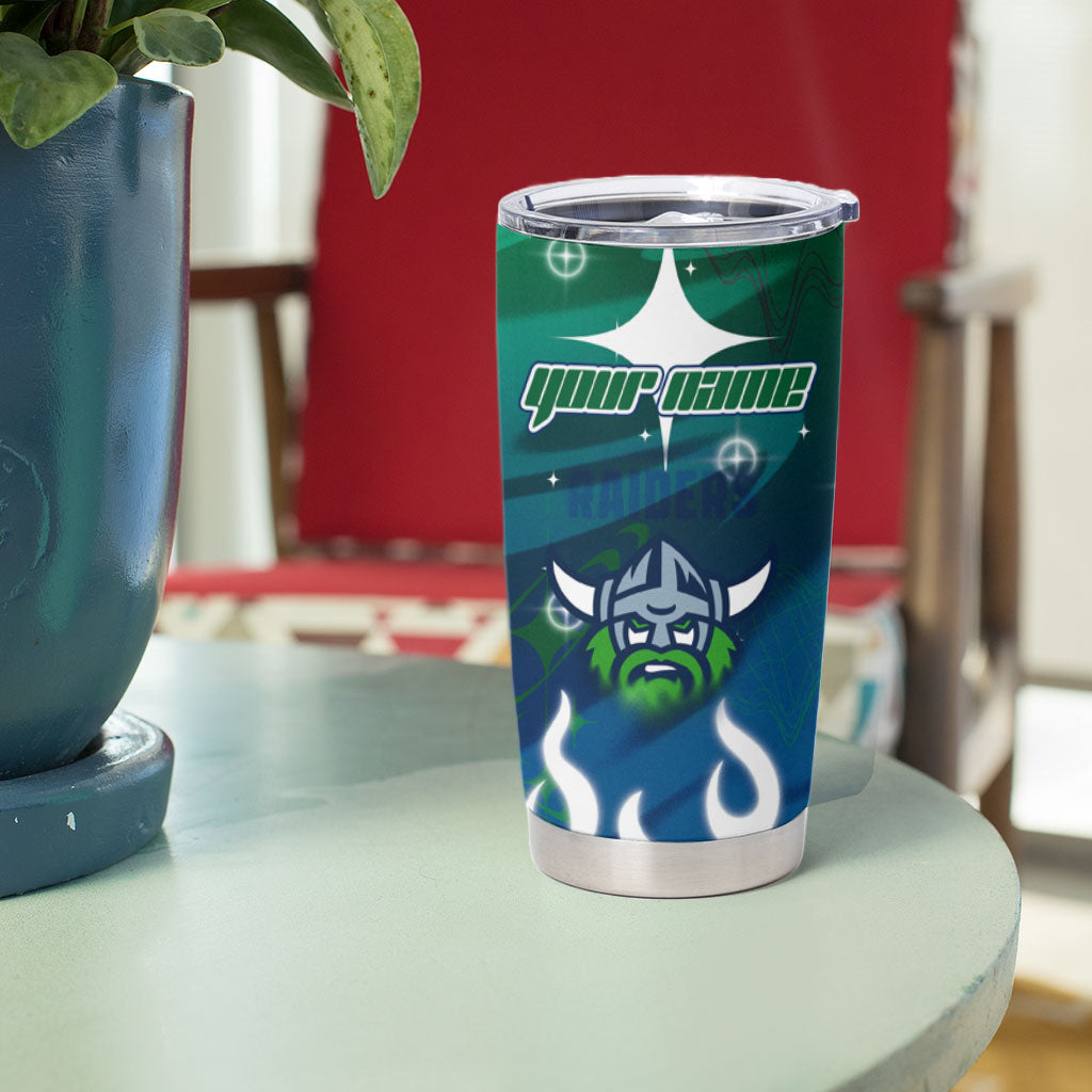 Personalized Canberra Raiders Tumbler Cup Y2K Grunge Aesthetic With Cyber Flames and Starburst Graphics
