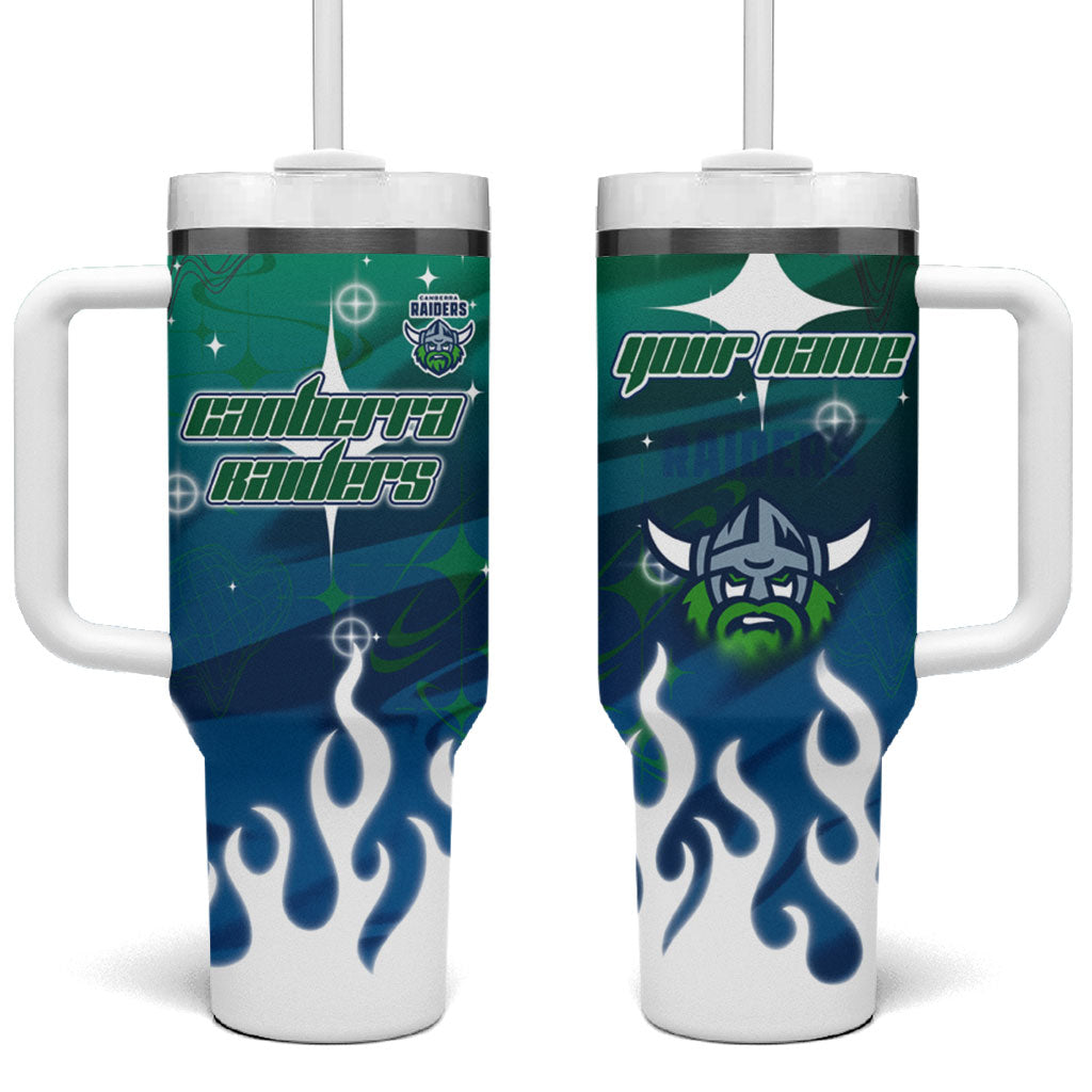 Personalized Canberra Raiders Tumbler With Handle Y2K Grunge Aesthetic With Cyber Flames and Starburst Graphics