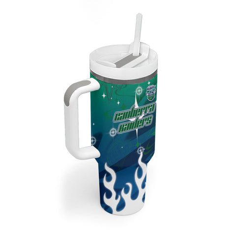 Personalized Canberra Raiders Tumbler With Handle Y2K Grunge Aesthetic With Cyber Flames and Starburst Graphics