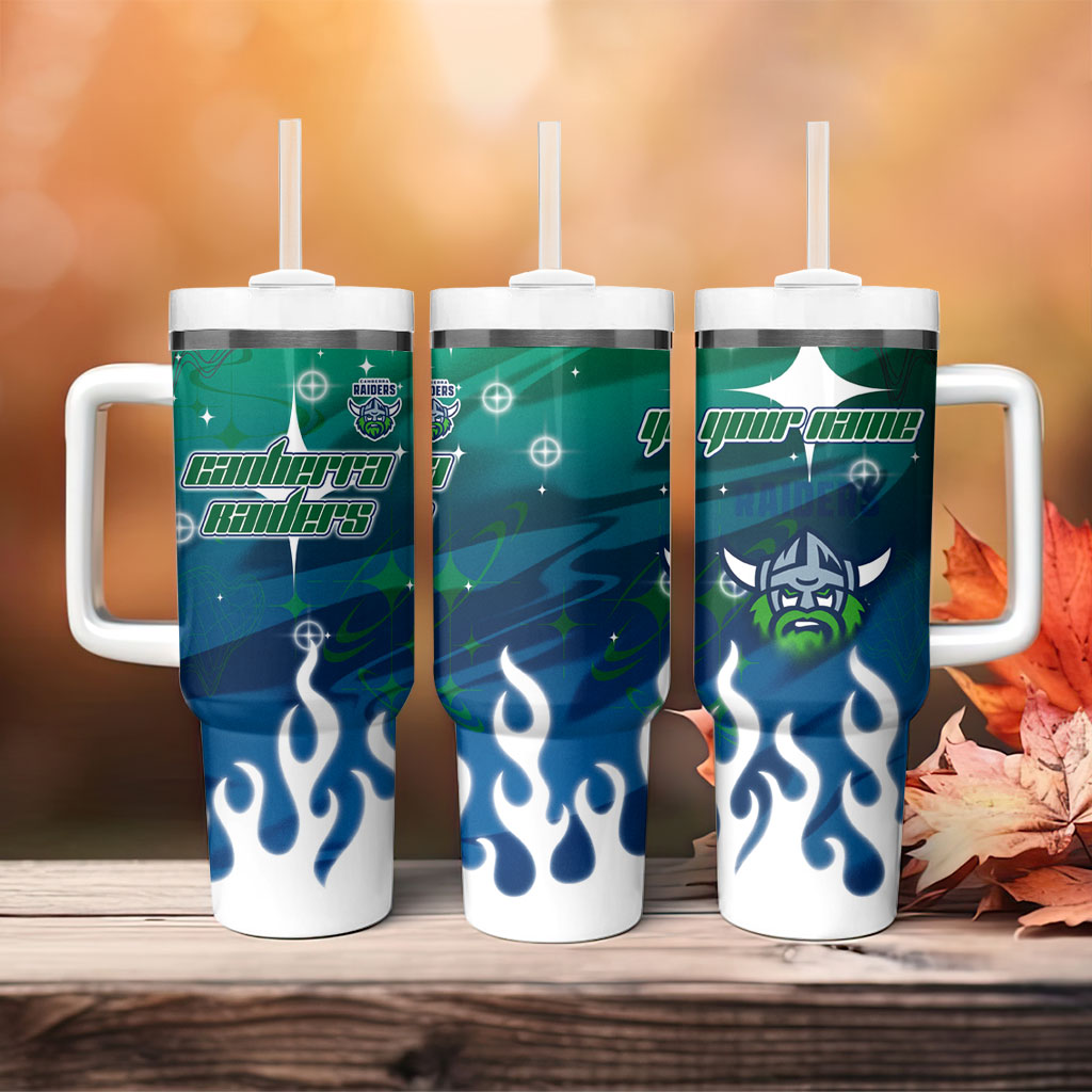 Personalized Canberra Raiders Tumbler With Handle Y2K Grunge Aesthetic With Cyber Flames and Starburst Graphics