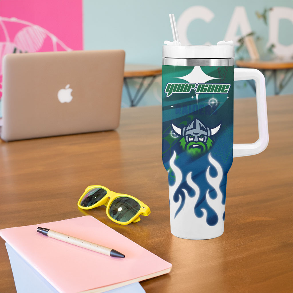 Personalized Canberra Raiders Tumbler With Handle Y2K Grunge Aesthetic With Cyber Flames and Starburst Graphics