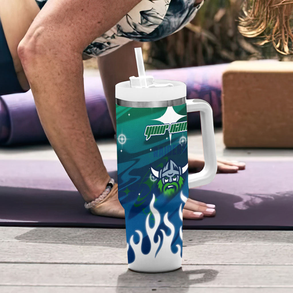 Personalized Canberra Raiders Tumbler With Handle Y2K Grunge Aesthetic With Cyber Flames and Starburst Graphics