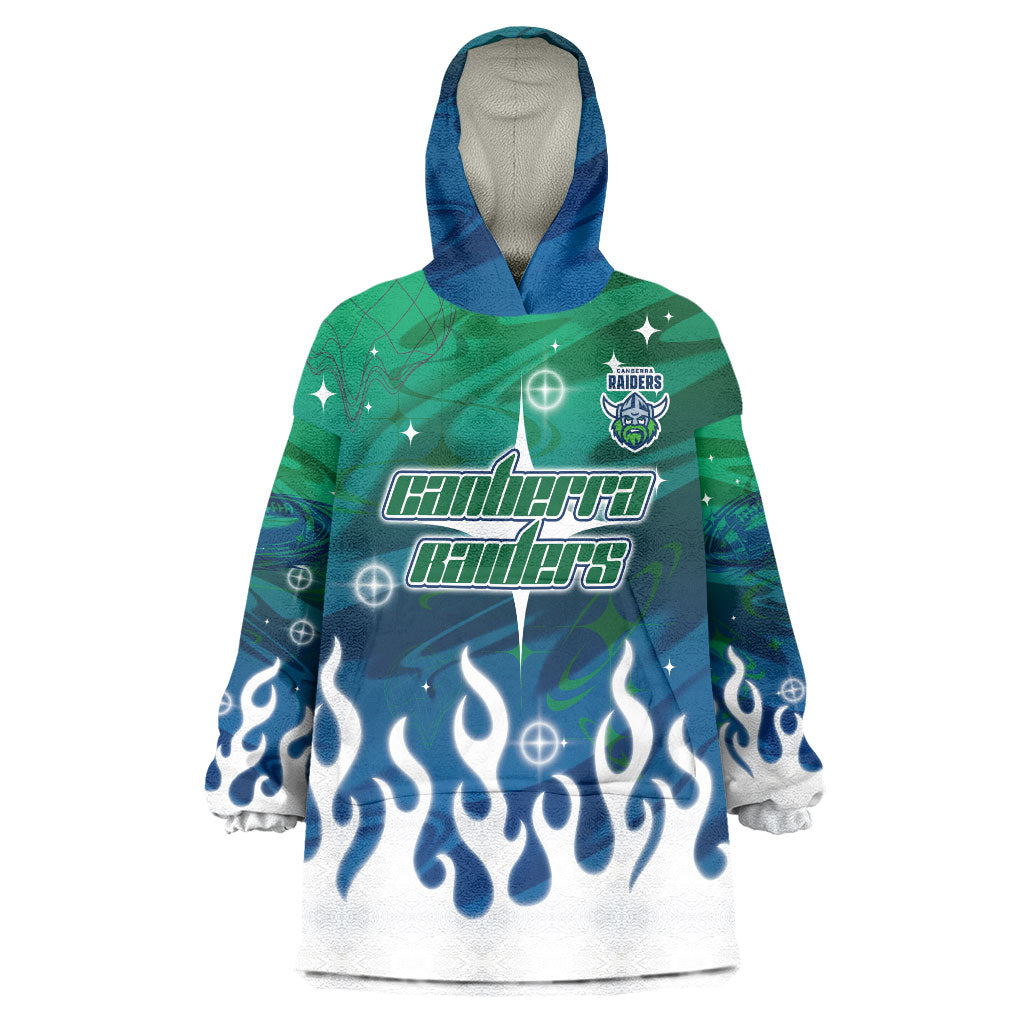 Personalized Canberra Raiders Wearable Blanket Hoodie Y2K Grunge Aesthetic With Cyber Flames and Starburst Graphics