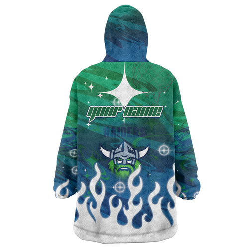 Personalized Canberra Raiders Wearable Blanket Hoodie Y2K Grunge Aesthetic With Cyber Flames and Starburst Graphics