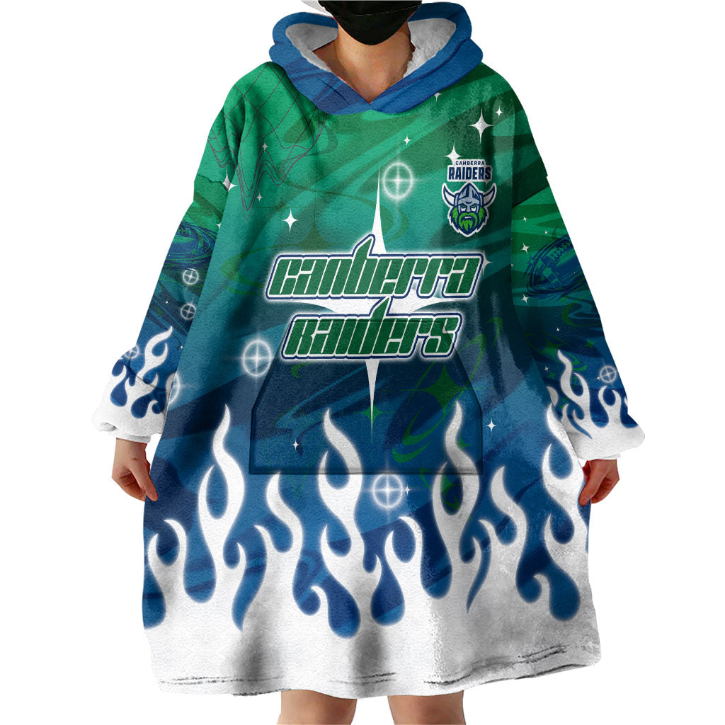 Personalized Canberra Raiders Wearable Blanket Hoodie Y2K Grunge Aesthetic With Cyber Flames and Starburst Graphics