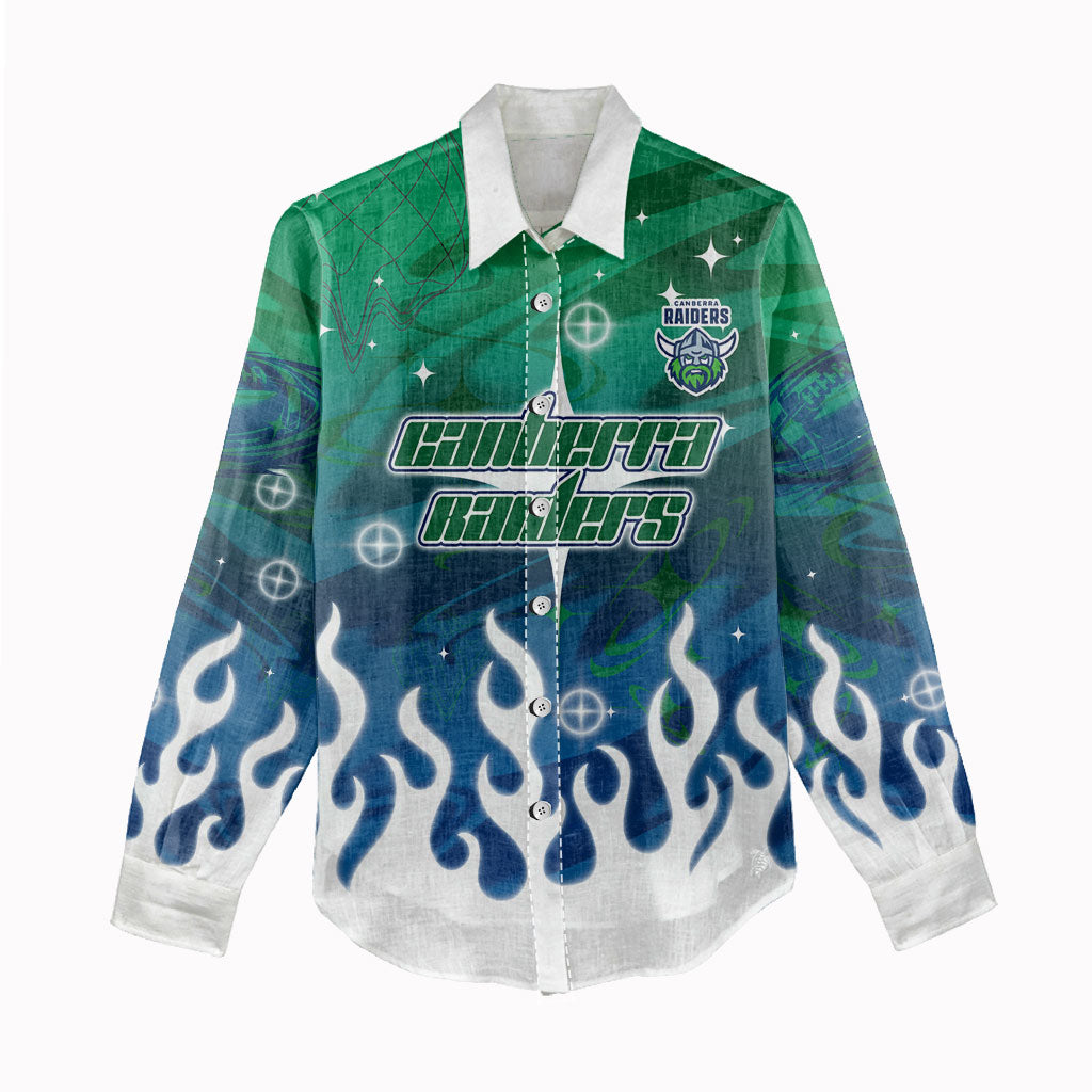 Personalized Canberra Raiders Women Casual Shirt Y2K Grunge Aesthetic With Cyber Flames and Starburst Graphics