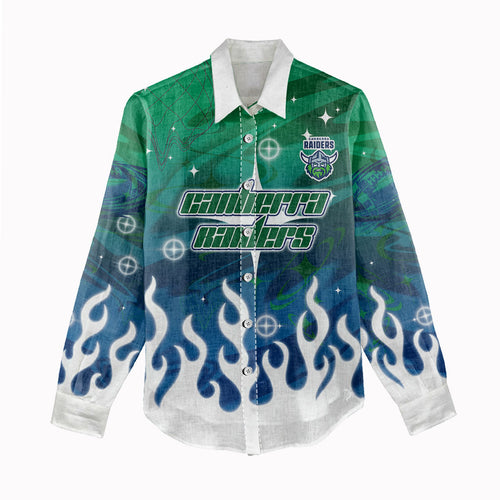Personalized Canberra Raiders Women Casual Shirt Y2K Grunge Aesthetic With Cyber Flames and Starburst Graphics