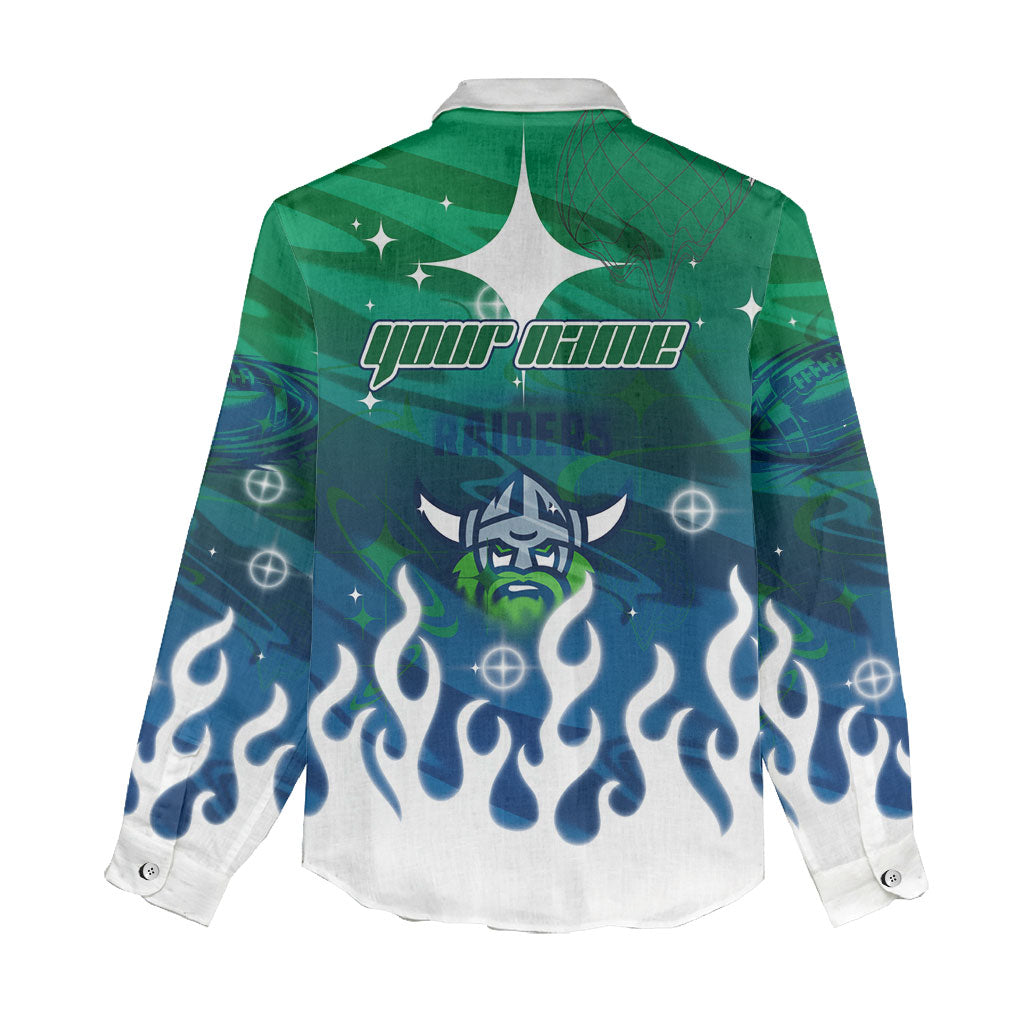 Personalized Canberra Raiders Women Casual Shirt Y2K Grunge Aesthetic With Cyber Flames and Starburst Graphics