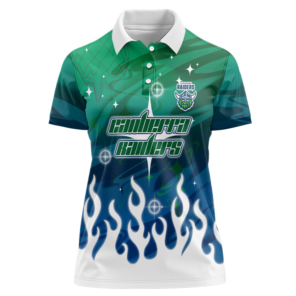 Personalized Canberra Raiders Women Polo Shirt Y2K Grunge Aesthetic With Cyber Flames and Starburst Graphics