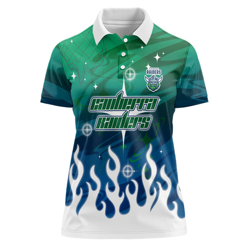 Personalized Canberra Raiders Women Polo Shirt Y2K Grunge Aesthetic With Cyber Flames and Starburst Graphics