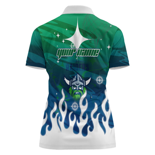 Personalized Canberra Raiders Women Polo Shirt Y2K Grunge Aesthetic With Cyber Flames and Starburst Graphics