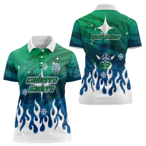 Personalized Canberra Raiders Women Polo Shirt Y2K Grunge Aesthetic With Cyber Flames and Starburst Graphics