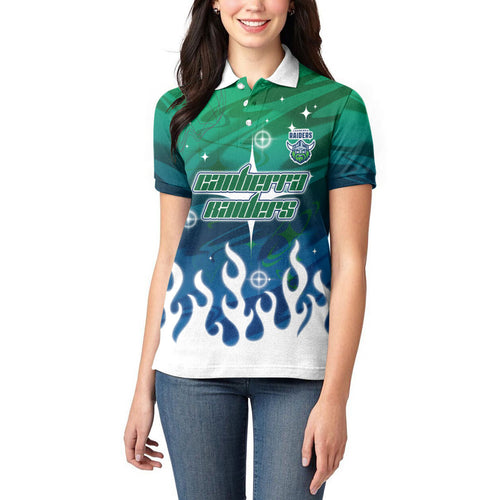 Personalized Canberra Raiders Women Polo Shirt Y2K Grunge Aesthetic With Cyber Flames and Starburst Graphics
