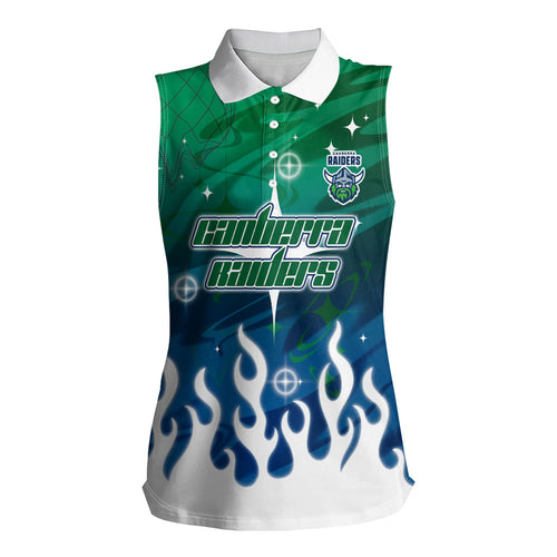 Personalized Canberra Raiders Women Sleeveless Polo Shirt Y2K Grunge Aesthetic With Cyber Flames and Starburst Graphics