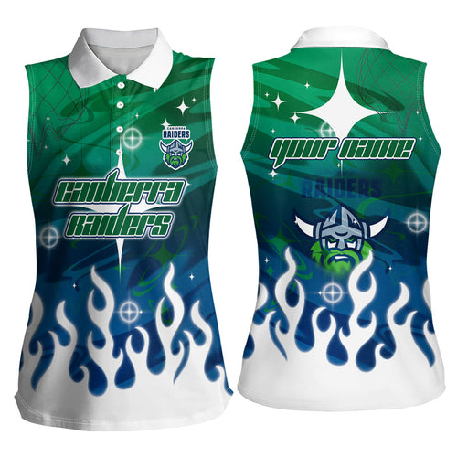 Personalized Canberra Raiders Women Sleeveless Polo Shirt Y2K Grunge Aesthetic With Cyber Flames and Starburst Graphics