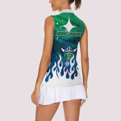 Personalized Canberra Raiders Women Sleeveless Polo Shirt Y2K Grunge Aesthetic With Cyber Flames and Starburst Graphics