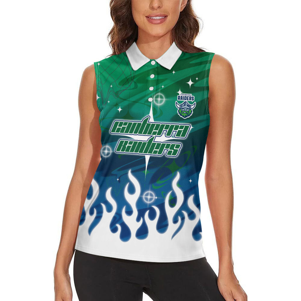 Personalized Canberra Raiders Women Sleeveless Polo Shirt Y2K Grunge Aesthetic With Cyber Flames and Starburst Graphics