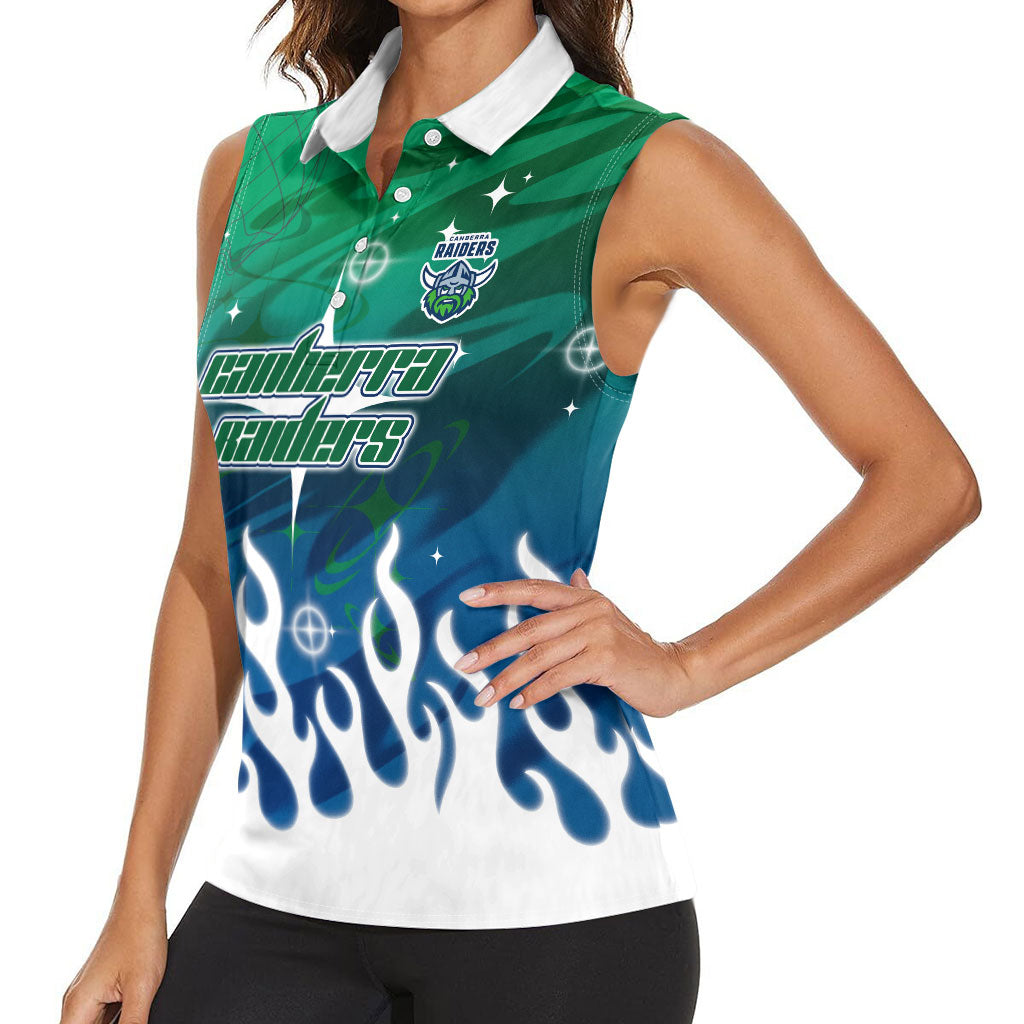 Personalized Canberra Raiders Women Sleeveless Polo Shirt Y2K Grunge Aesthetic With Cyber Flames and Starburst Graphics