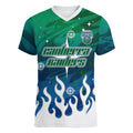 Personalized Canberra Raiders Women V-Neck T-Shirt Y2K Grunge Aesthetic With Cyber Flames and Starburst Graphics