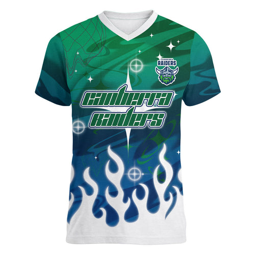 Personalized Canberra Raiders Women V-Neck T-Shirt Y2K Grunge Aesthetic With Cyber Flames and Starburst Graphics