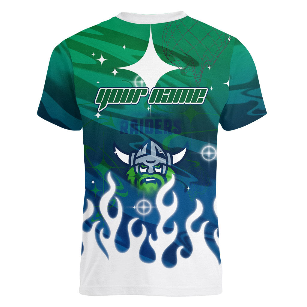 Personalized Canberra Raiders Women V-Neck T-Shirt Y2K Grunge Aesthetic With Cyber Flames and Starburst Graphics